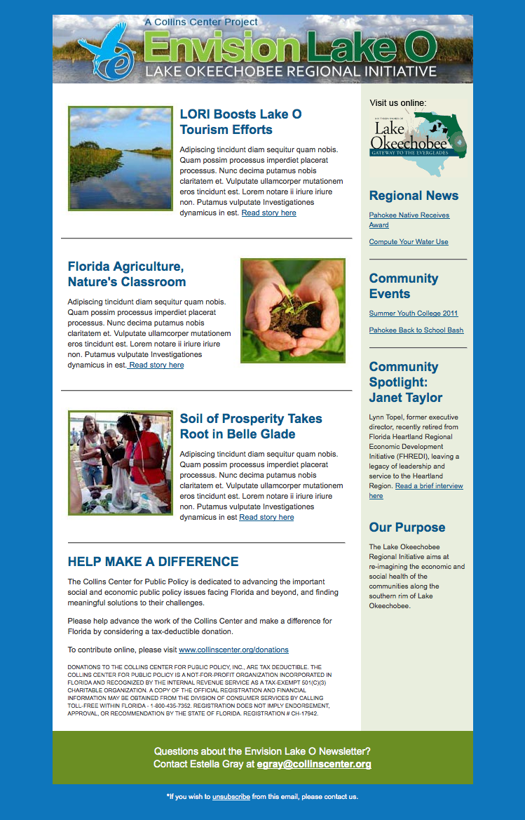 Lake Okeechobee Regional Initiative newsletter